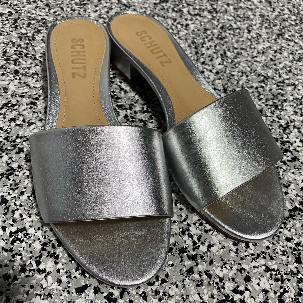 SCHUTZ silver metallic leather slippers